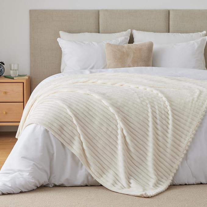 BEDELITE Fleece Throw Blanket for Couch - 300GSM Soft & Warm Fluffy Cream White Blanket, Decorative and Giftable Striped Blankets for Women, Men, 50"x60" (Pack of 2)