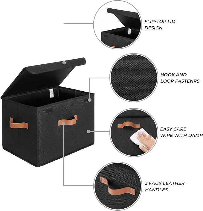 GRANNY SAYS Memory Keepsake Storage Box, Fabric Storage Bins with Lids | Flip-Top Lid, Collapsible, Stackable, 3 Handles, Ideal for Closet Clothes Blanket Toys, Extra Large, Black, 2-Pack