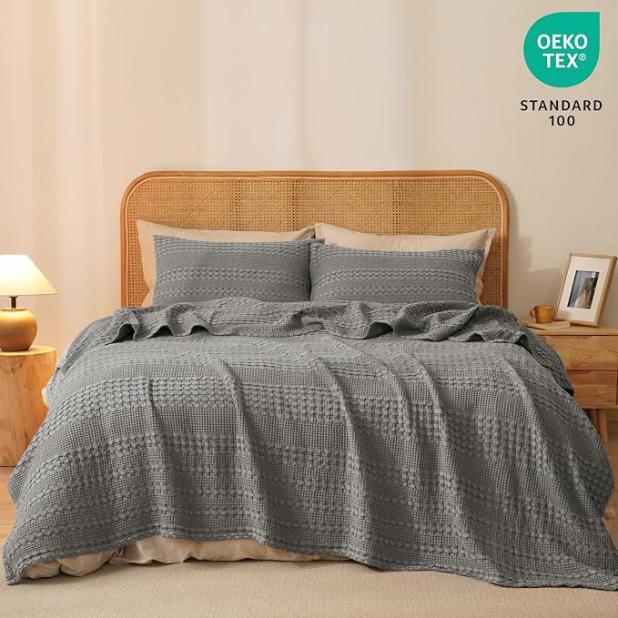 PHF 100% Cotton Waffle Weave Blanket King Size, Lightweight Breathable Summer Blanket for Hot Sleepers, Pre-Washed Soft Layer for Bed, Couch, Home Decor Gift, 108"x90", Dark Grey