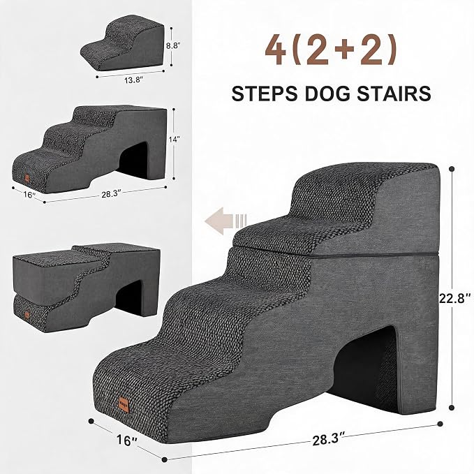 Garnpet Dog Stairs for Bed with Tunnel, 4-Step Dog Steps for Small Dogs and Cats, Non-Slip Indoor Pet Stair for Couch Sofa and Chair, Dark Grey