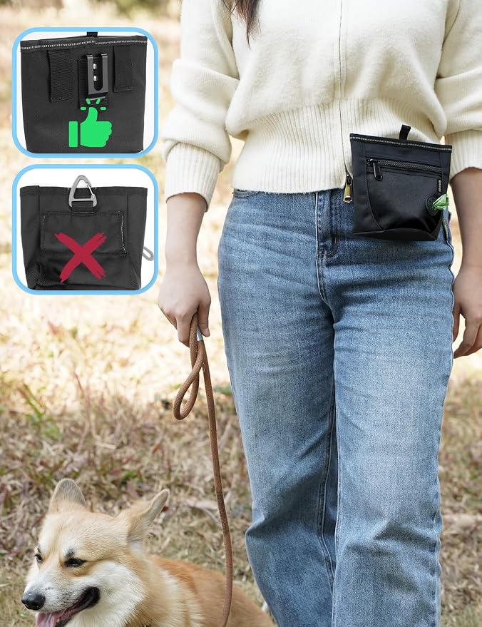 Gobeigo 2 Cup Magnetic Closure Dog Treat Pouch with Training Clicker(Black) | 2 Pair Magnetic Closures, Zipper Pocket with Poop Bag Holder, Waist Belt & Metal Clip to Wear for Pet Training/Daily Walking