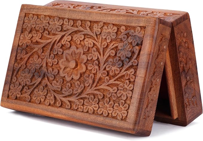 Ajuny Wooden Jewelry Box Hand Carved Flower Keepsake Chest - 8x5 Inch | Multipurpose organizer for necklaces, watches, rings and accessories; elegant birthday, wedding or anniversary present.