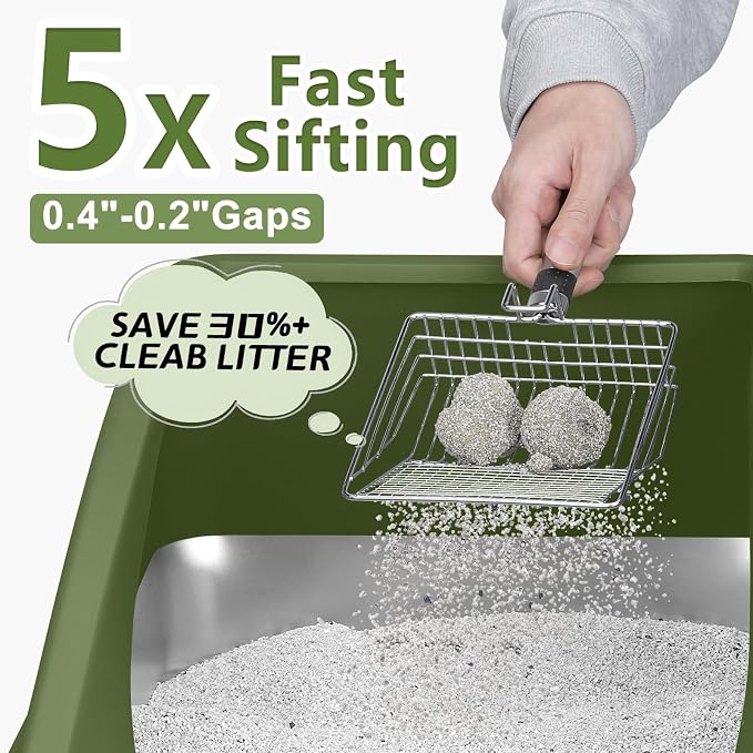 AIPERRO Stainless Steel Litter Box | XL Enclosed Metal Cat Litter Boxes | High Sided with Lid for Big Cats | Anti-Urine Leakage | Non-Stick Bottom & Includes Litter Mat & Metal Scoop (Olive Green)