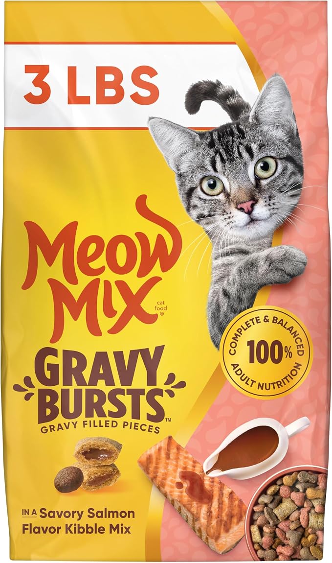 Meow Mix Gravy Bursts, Dry Cat Food, Savory Salmon Flavor, 3 lb. Bag