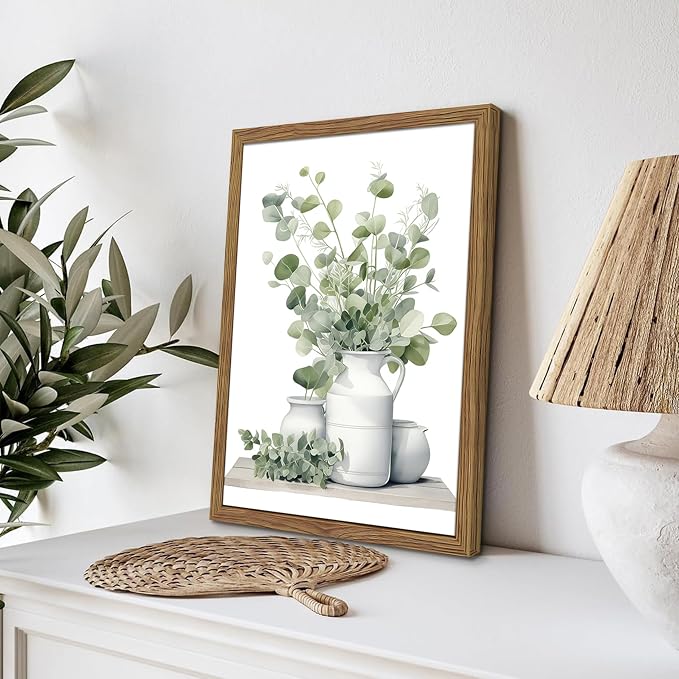 Sage Green Kitchen Canvas Wall Art Set of 3 – Framed Minimalist Eucalyptus Leaves Wall Decor Artwork, Modern Dining Room Plant Pictures Poster Prints for kitchen Home Decoration – 16x24in