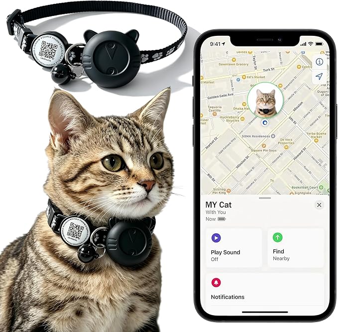 Smart GPS Cat Tracker Collar with QR Code - Waterproof Pet Locator for Small to Large Cats - Compatible with Apple Find My - No Monthly Fees - Advanced Tracking Solution