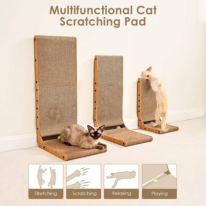 EHEYCIGA Cardboard Cat Scratcher for Indoor Cats, 19 Inch, Brown | L Shaped Scratching Post, Vertical Cat Scratching Board with Ball Cat Toy, Furniture Protector, Kitten Cat Scratch Pad