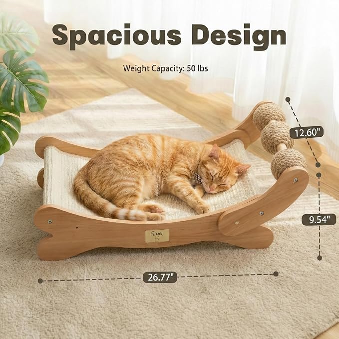 Sisal Cat Scratcher Bed with 3 Ball, Hammock Lounge Indoor Cats | Scratch Pad & Furniture Protector, Modern Wood 3-In-1 Multi-Use for Scratching, Resting & Playing Large Cats Space-Saving