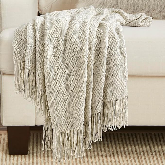 BOURINA Beige Throw Blanket 50x60 Inch Soft Ripple Throw Knitted Blanket | Soft Ripple Throw Textured Solid Soft Throws and Blankets for Sofa or Bed Knitted Decorative Blanket