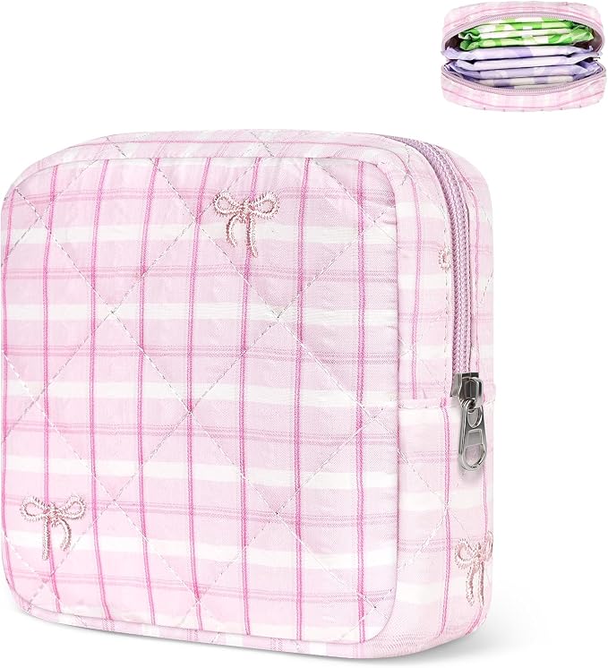Likesing Quilted Period Bag, Period Pouches for Teen Girls Womens, Portable Floral Print Sanitary Napkin Storage Bag Feminine Emergency Tampon Pad Pouch(Cherry White)