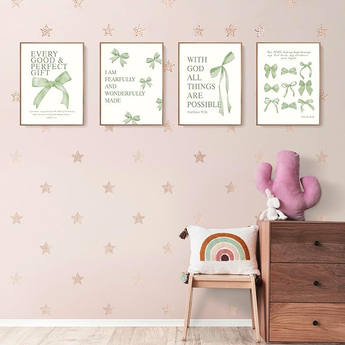 LARTSFRO Coquette Sage Green Bow Wall Art Decor Posters, Sage Green Bow Room Bedroom Bathroom Wall Art Decor Aesthetic for Teen Girls Gifts, Inspirational Bible Verses Bow Wall Decor, 12x16 Inch Set of 4 Bow Pictures Unframed