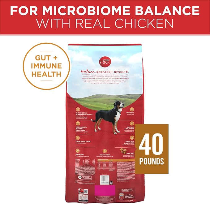 Purina ONE Chicken & Rice Formula Dry Dog Food, 40 lb Bag | High protein dog food with a microbiome balance and SmartBlend of ingredients like prebiotic fiber for gut and immune support