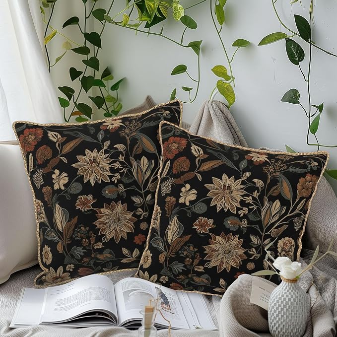 KSLIDS Vintage Floral Brown Black Soft Velvet Throw Pillow Covers Set of 2 Retro Boho Flower Leaves Decorative Pillow Covers 20x20 Inch Bohemian Pillow Case for Sofa Couch Farmhouse Home Decor