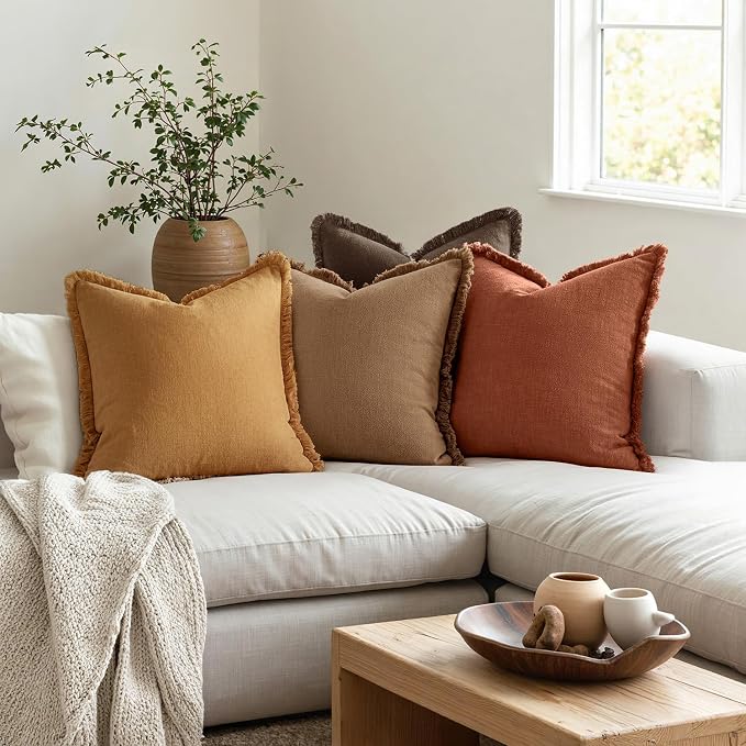 MIULEE Fall Linen Fringe Pillow Covers Set of 4 18x18 Orange/Yellow | Boho Farmhouse Decorative Throw Pillow Covers, Neutral Soft Rustic Cushion Cases, for Couch Sofa Bed Living Room Home Decor