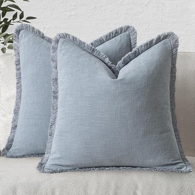 MIULEE Boho Linen Fringe Decorative Throw Pillow Covers Light Blue 20x20 | Set of 2, Cottagecore Decor, Boho Farmhouse Coastal Pillow Covers, Rustic Couch Cushion Cases for Sofa Bed Living Room