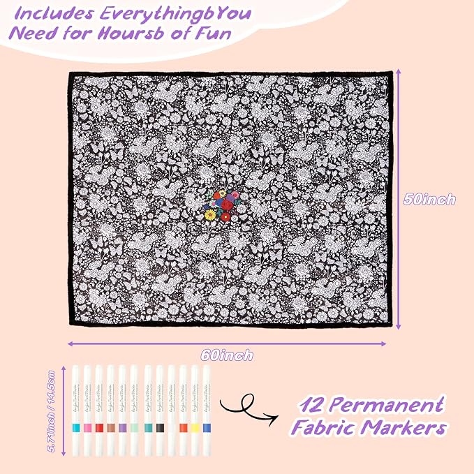 ZHOYIMIMI DIY Cozy Coloring Blankets for Kids & Adults -24 Markers | 50" x 60", Machine Washable, Cozy Velvet, Printed Patterns, ideal for daily use, home decor and kids spaces, Gift Wrapped