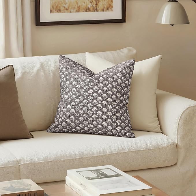 MIULEE Floral Print Decorative Pillow Covers 20x20, Stone Grey | Vintage Boho Farmhouse Modern Home Decor, Set of 2, Block Print Cushion Covers for Couch Sofa Bed Living Room