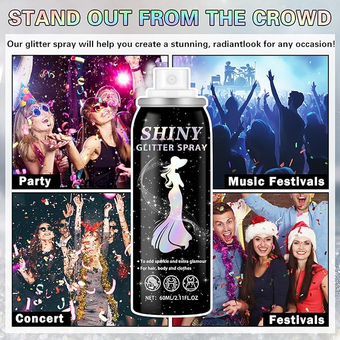 Body Glitter Spray, 60ML Shiny Silver Glitter Spray for Hair Body and Clothes,Long-Lasting Quick-Drying Holographic Ultra Fine Powder Glitter Hairspray for Festival Rave Stage Prom 2.11 Fl Oz