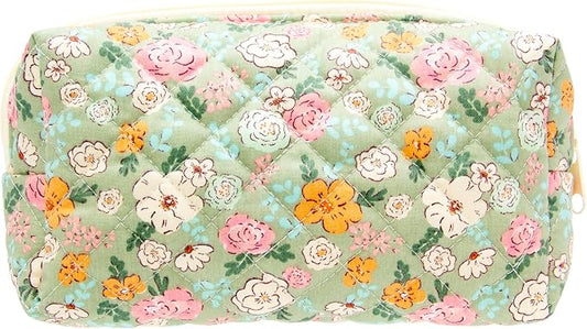 PAZIMIIK Small Quilted Makeup Bag,Zipper Cosmetic Pouch,Green Floral | Lightweight Cosmetic Bag Organizer for Women,Purse Storage Holds Makeup,Toiletries,Skincare,Beauty Essentials,Travel Items