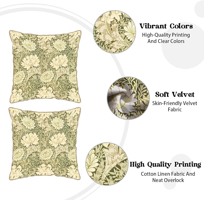 KSLIDS Vintage Green Flowers Soft Velvet Throw Pillow Covers Set of 2 Floral Plant Leaves Decorative Pillow Covers 16x16 Inch Chinoiserie Retro Pillow Case for Sofa Couch Bedroom Farmhouse Home Decor