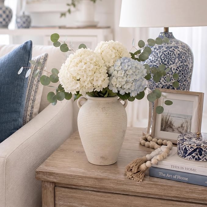 8.7" Beige Ceramic Vase with Handles for Home Decor | Textured ceramic vase with handles; vintage ceramic vase styling; a watertight small decorative vase for flowers and tables
