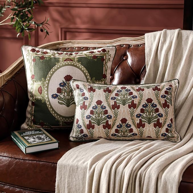 Elegant French Linen Throw Pillow Cover,Set of 2,20"x12"-Estonia A | Designer Vintage Rectangle Pillow Cover,Concealed Zipper Design,Floral Pattern,Sofas,Bedroom,Living Room,Lounge Chairs