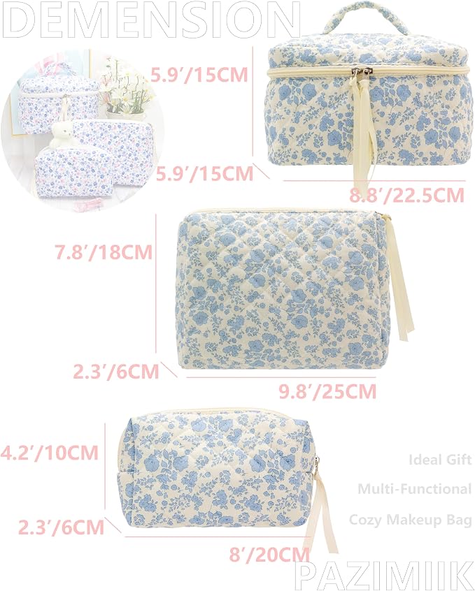 PAZIMIIK 3PCS Makeup Bag SET Large Travel Quilted Zipper Soft Cosmetic Case Pouch for Women Girls Make Up,Little Flower Blue