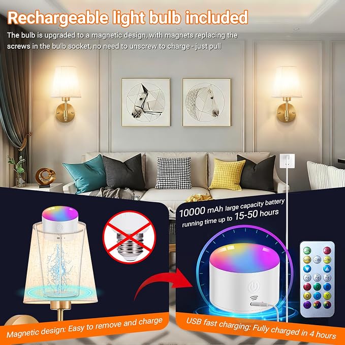 YHCDLAMP Peel and Stick Wall Sconces, No Drilling Stick On Wall Sconce, Wireless Battery Operated Wall Lights, Adhesive Wall Lamp with 10000mAh Battery Bulb for Bedroom Living Room Decor