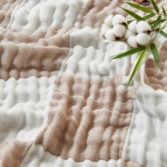 EMME Cooling Muslin Queen Blanket for Bed - Checkered Lightweight Summer Cotton Blankets of Rayon Derived from Bamboo for Hot Sleepers, Ultra Soft Breathable Gauze