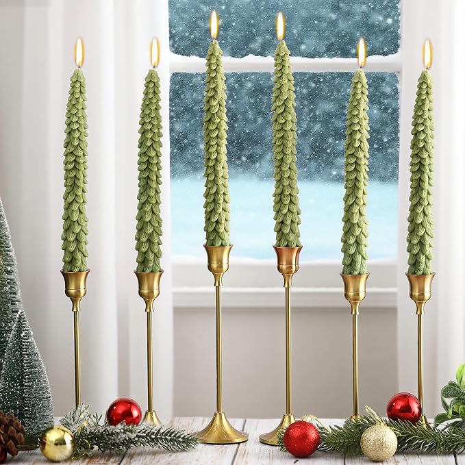 Conelist 6 Pcs Christmas Tree Candles Christmas Tree Shaped Taper Candles Decorative Xmas Wax Scented Candlesticks for Xmas Eve Winter Holiday Home Table Decoration Gift(Dark Green,10 Inch Style)