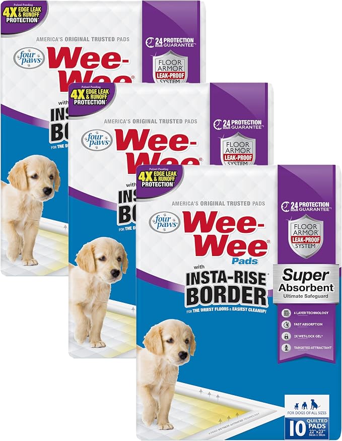 Four Paws Wee-Wee Super Absorbent Unscented Pee Pads for Dogs & Puppies with Insta-Rise Border, Leak-Proof Dog Housebreaking Potty Training Floor Protection, 22" x 23", 10 Count (Pack of 3)