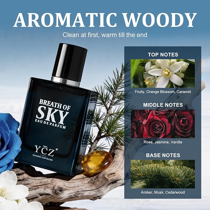 Ycz SKY Cologne for Men, 1.7oz Long-Lasting Eau de Parfum -Aromatic Woody Scent with Orange Blossom & Rose, Amber & Cedarwood Base, Fresh Masculine for Daily Wear, Date Night & Special Occasions