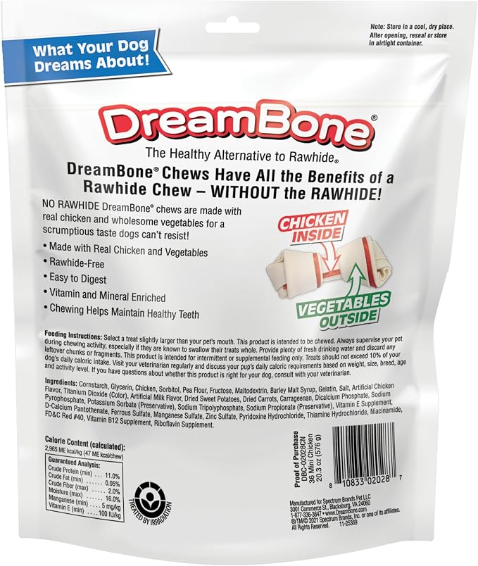 DreamBone Mini Bone Rawhide-Free Dog Treats With Real Protein, 36 Count | Daily Chew, Digests Safely and Completely, Made With Real Chicken and Veggies, For Adult Dogs