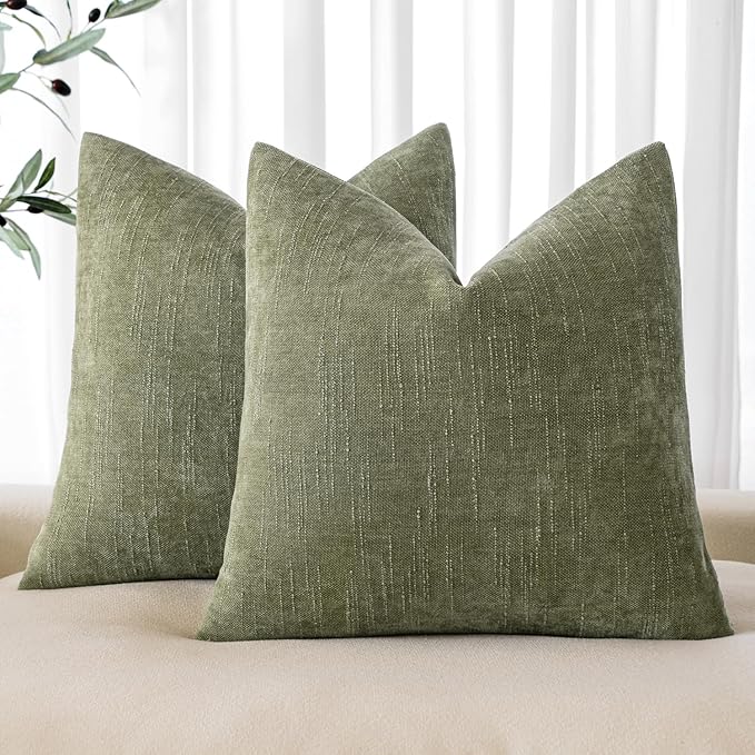 MIULEE Textured Chenille Throw Pillow Covers 18x18 Inch Sage Geen | Pack of 2 Decorative Soft Throw Pillows, Solid Textured Cushion Covers, Modern Home Decor for Couch Sofa Bedroom Living Room
