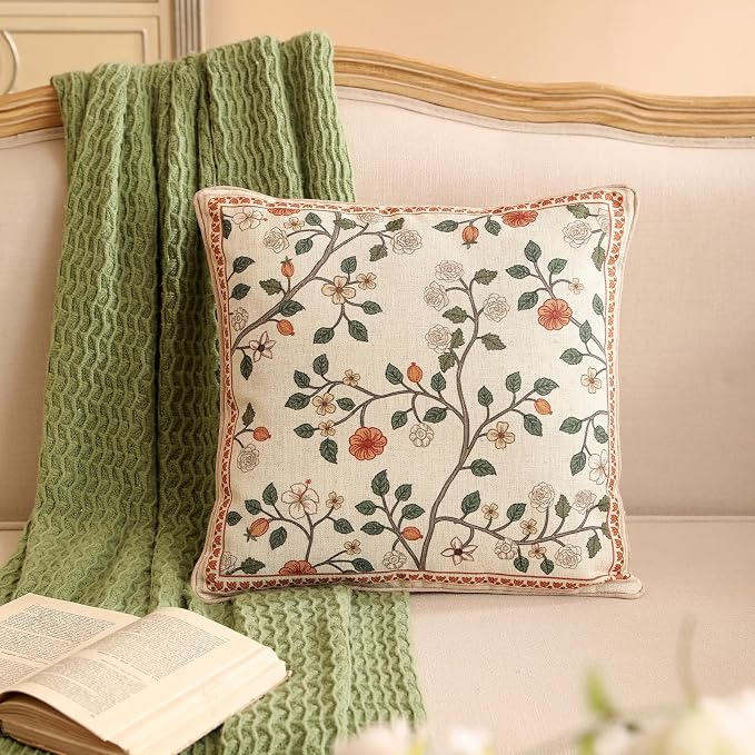 Designer Elegant Vintage Linen Throw Pillow Cover,18"x18"-Flora A | French Square Decor Pillow Cover,Concealed Zipper Design,Floral Pattern,Sofa,Bedroom,Living Room,Lounge Chairs