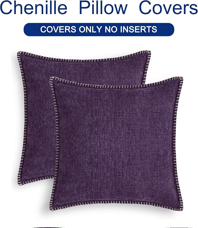 CaliTime Decorative Couch Throw Pillow Covers 22 X 22 Inches Plum Purple | Pack of 2, Cozy Chenille Cushion Cases, Cotton Thread Stitching Edges, for Sofa Bed Living Room Farmhouse