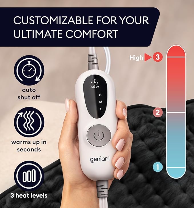 GENIANI Electric Heating Pad for Back Pain & Cramps Relief, Electric Throw, Auto Shut Off, Machine Washable, Moist Heat Pad for Neck & Shoulder, 12x24