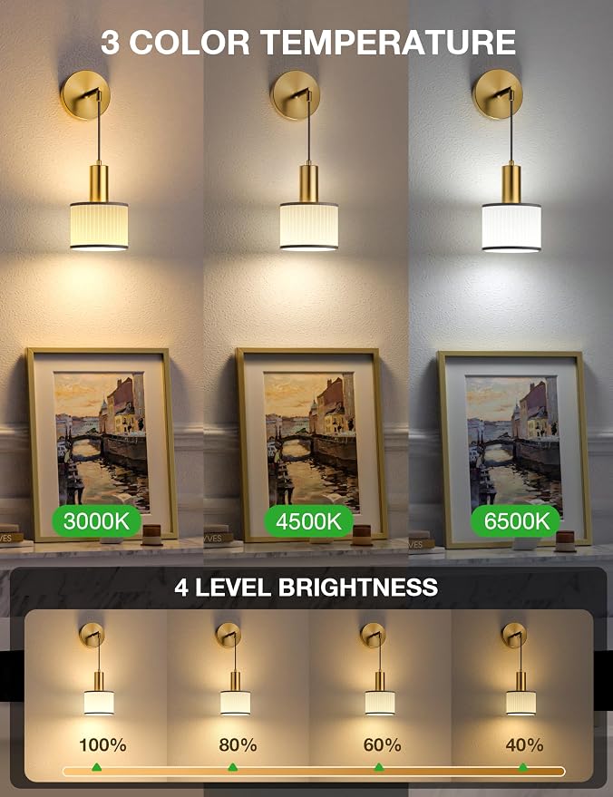 Battery Operated Wall Sconce Set of 2, Black Gold & Off-White Wireless Rechargeable Wall Lights with 5200mAh Dimmable Detachable Bulbs and Remote, 9 Colors Sconces Wall Decor for Living Room