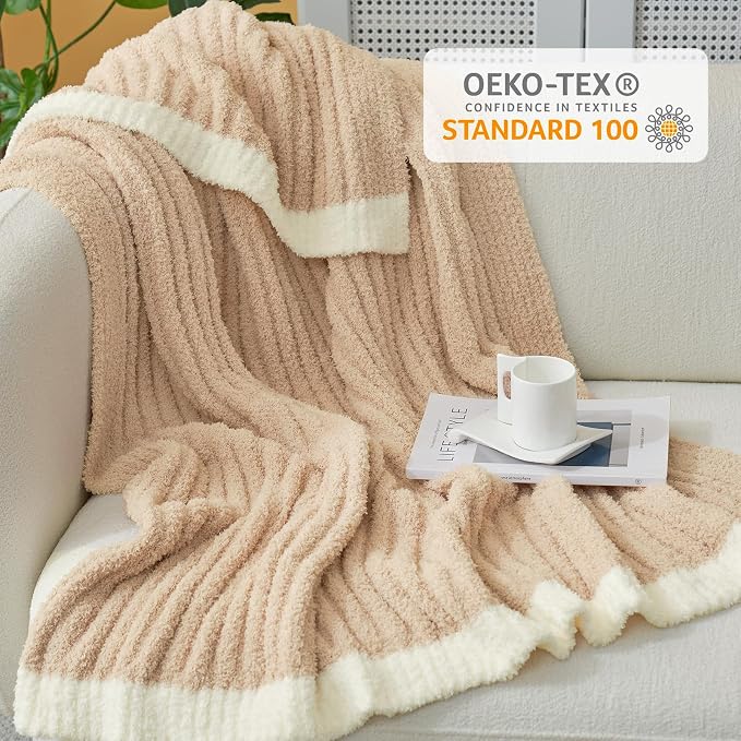 Snuggle Sac Luxury King Size Blanket for Bed, Cozy Soft Fuzzy Microfiber Knit Stripe Bedding Blankets, Beige, 108x90 inches