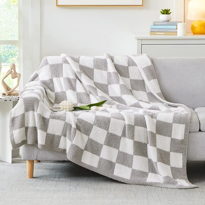 Soft Twin Size Checkered Blanket for Bed-Cozy Knitted Blankets | Lightweight Fluffy Warm Decor for Women, Mom, Her & Girls, Sofa, Chair, Couch, 60x80in,Light Grey
