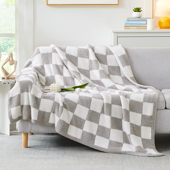 Soft Checkered Throw Blanket for Couch-Cozy Warm Knitted Blankets | Lightweight Warm Fluffy Decor for Women, Mom, Her & Girls, Sofa, Chair, Bed, 50x70in,Light Grey