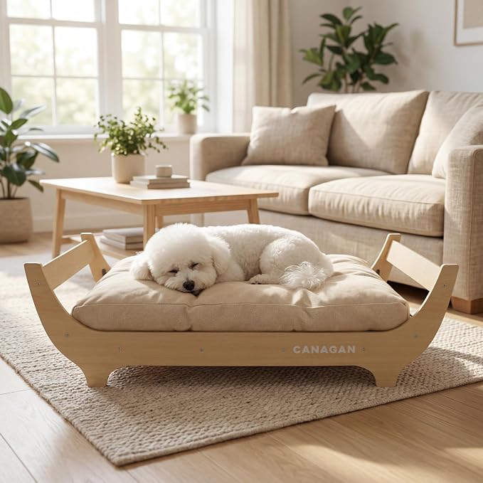 CANAGAN Elevated Wood Dog Bed Frame with Cushion, WoodPattern, Medium | Raised Dog Couch Bed with Washable Cover and Plush PP-Filled Cushion, Furniture-Style for Indoor Living