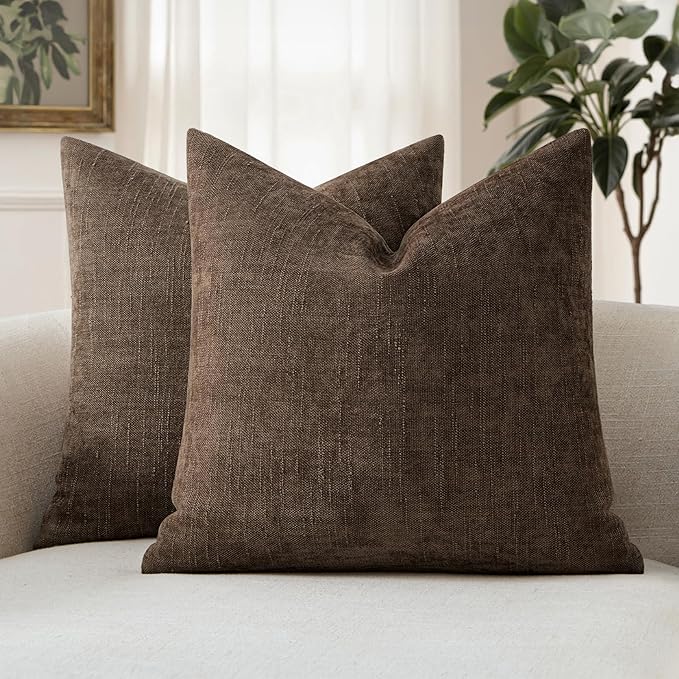 MIULEE Textured Chenille Throw Pillow Covers 22x22 Inch Chocolate Brown | Pack of 2 Decorative Soft Throw Pillows, Solid Textured Cushion Covers, Modern Home Decor for Couch Sofa Bedroom Living Room