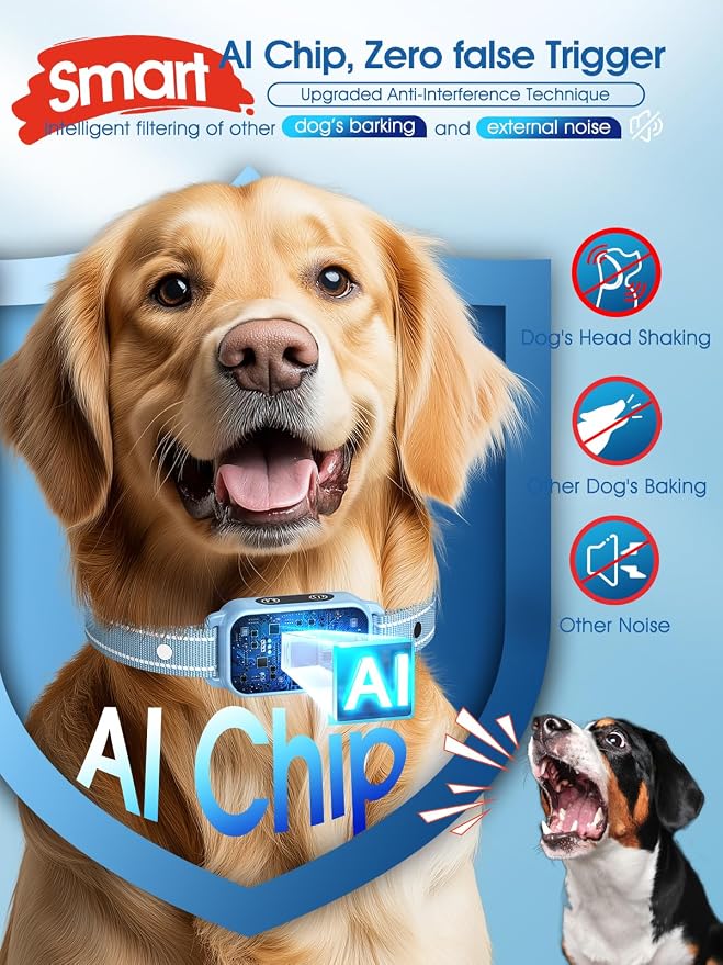 DINJOO Bark Collar for Large Medium Small Dogs - Smart AI 1S Stop Barking, Anti Barking Device & Dog Training Collar with Beep, Vibration & 8-Level Sensitivity, IP67 Waterproof - Paste Blue