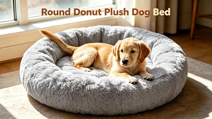 Calming Extra Large Donut Dog Bed, Anti-Anxiety Round Soft Fluffy Plush Faux Fur Washable Anti-Slip Pet Bed for Medium Dogs Up to 45 lbs 32in Gray