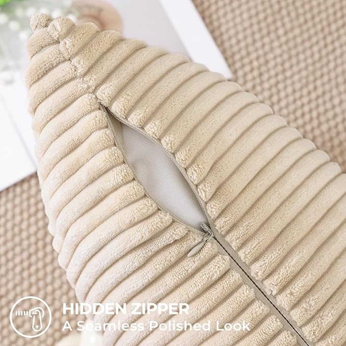 Mecatny Corduroy Fall Decorative Throw Pillow Covers 26x26 Set of 2 Beige | Soft Striped Texture, Hidden Zipper Design, Neutral Boho Square Pillow Cases for Sofa Couch Living Room Bedroom, Home Décor