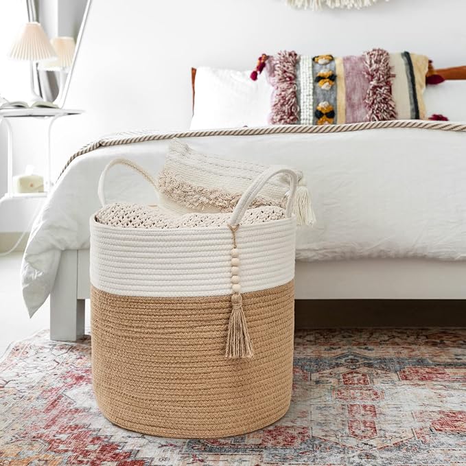 Mkono Woven Storage Basket for Blanket, Toys Plant Organizer, 15"W x 17.7"L | Cream White and Brown, Decorative Basket with Handle, Wood Beads Tassel, Shoes Towel Storage Bin, Living Room Bedroom Nursery