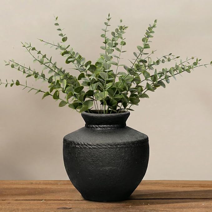 Black Ceramic Vase - 6 Inch Small Rustic Farmhouse Flower Vases for Home Decor Decorative Minimalist Vase for Centerpiece Coffee Table Bedroom Living Room Decor