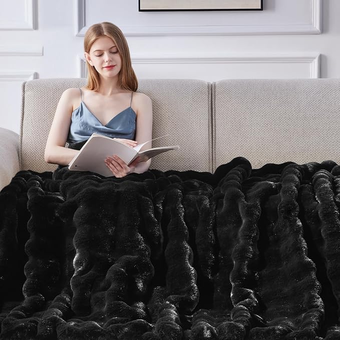 Anysay Faux Fur Throw Blanket,1000GSM Fluffy Soft Bubble Blanket 90''*104'' | Cozy Plush Warm and Thick Blanket for Couch Bed, Fuzzy Rabbit Throw for Living Room Bedroom Black