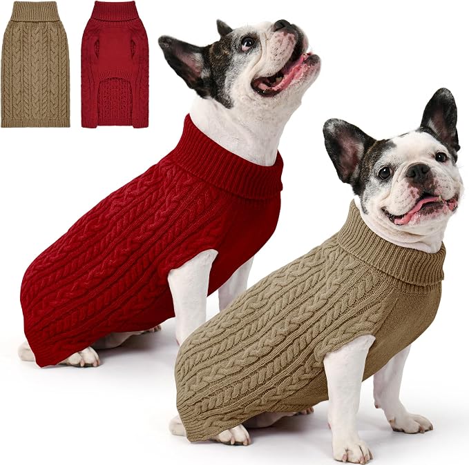 Dog Sweater 2 Pack for Medium Dogs, Size M, Red & Brown | Stretchy cable knit turtleneck, machine washable, high belly cut, comfy winter fit for French Bulldog, Pug